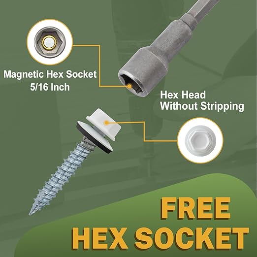 LIONMAX Metal Roofing Screws #10 × 2 Inch, 500-PCS, White Painted Hex Head Sheet Metal Roof Screws, Rubber Washer, Sharp Point, Metal to Wood Siding Screws, Hex Socket Included