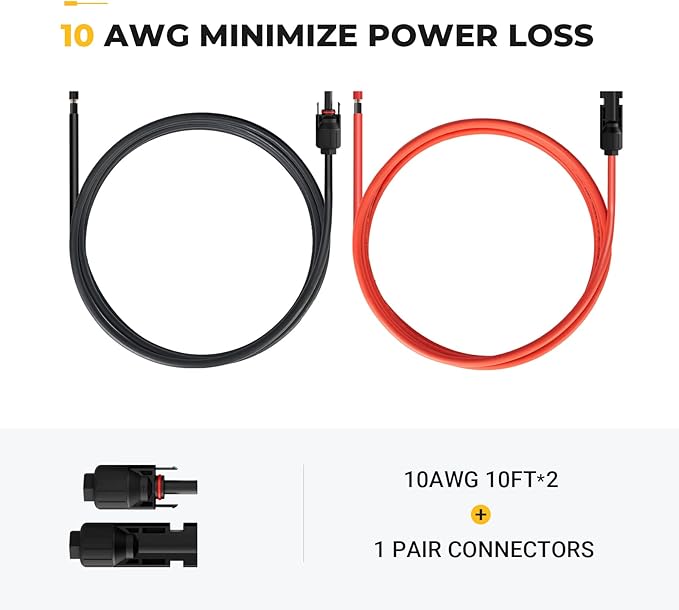 BougeRV 10 Feet 10AWG Solar Extension Cable with Female and Male Connector with Extra Pair of Connectors Solar Panel Adaptor Kit Tool (10FT Red + 10FT Black)