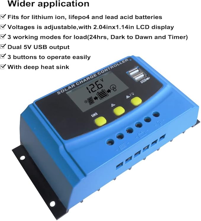 40A LCD Display Solar Charge Controller 3S 6S Lithium ion 4S 8S Lifepo4 Lead Acid Battery Charging Regulator Parameter Adjustable with Dual 5V USB