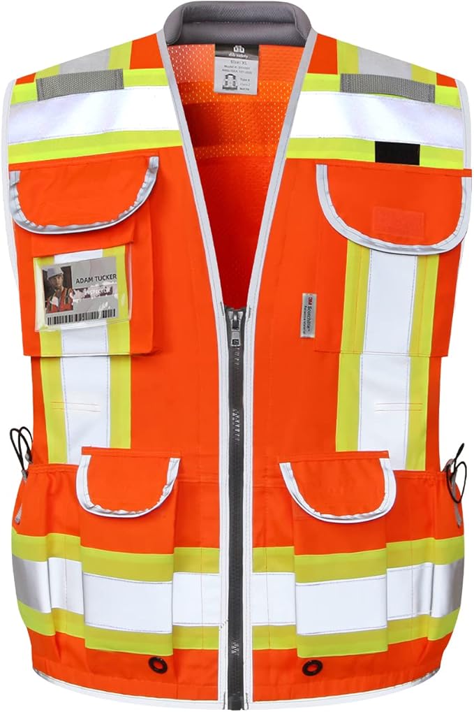 Dib Safety Reflective Vest Heavy Duty, High Visibility Two Tone Engineer Vest, Padded Collar, Retractable ID Pocket, Made with 3M Reflective Tape, Orange 3XL