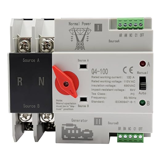 MINI Dual Power Automatic Transfer Switch 110V AC 2P 690V 50Hz Dual Power Automatic Toggle Controller 63A, 80A, 100A(Optional) PC Level (2P 100A)