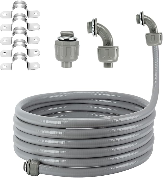 Liquid Tight Flexible Conduit and Connector Kit,Flexible non-metallic Liquid Tight Electrical Conduit Kit,Waterproof Nonmetallic Electrical Wiring conduit,with 2Straight/2Angle Fitting/5Clamp