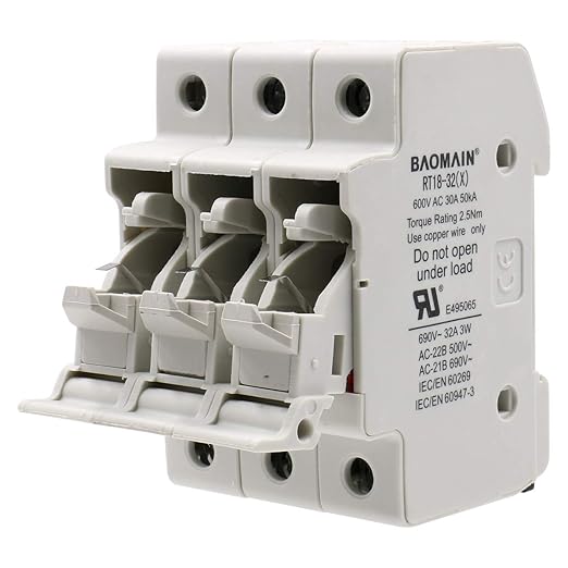 BAOMAIN 3 Pole Cylindrical Fuse Holder with LED Indicator, fits 10 x 38 mm Fuses, 32 Amp 690 VAC, 35mm DIN Rail Mount, 18 to 8 AWG, UL & CE Certified, RT18-32(X) Series (1 Pack)