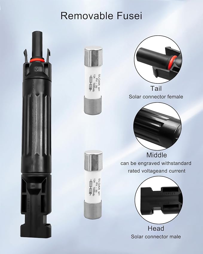 5 Pcs 10A Solar Fuse Holder Inline with Male and Female Connector for Solar Panel and Solar Controller, IP68 Waterproof Solar Fuse Connector with 10 Fuse