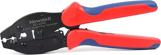 Spark Plug Wire Crimper, Newdeli Crimping Pliers for Spark Plug Stripping Tool, ND-2048 for Crimping and Stripping Spark Plug Wire, Dia 8.0-8.5mm,Ratchet spark plug wire crimping tool