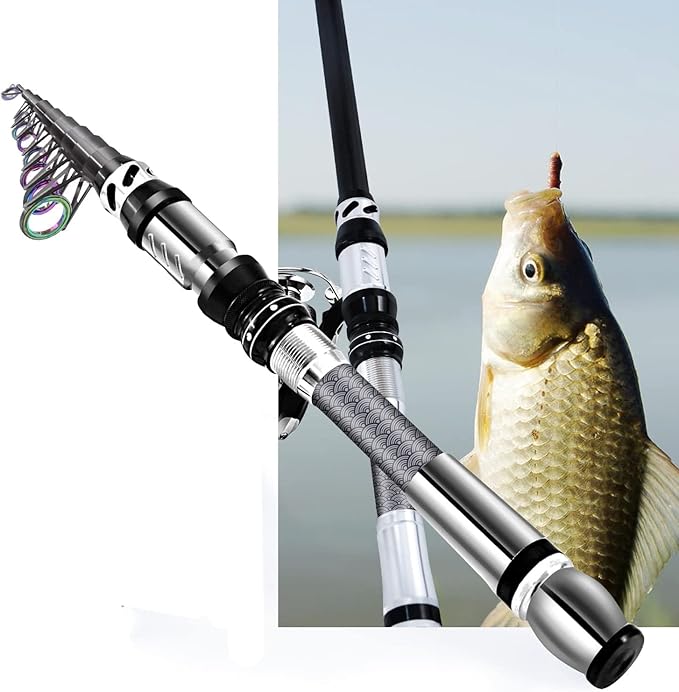 Portable Fishing Spinning Rod and Reel Combo Set Carbon Fiber Fluorescent Rod Tip, with Fishing Lures Line Carrier Bag Kits for Travel Surf Saltwater Freshwater
