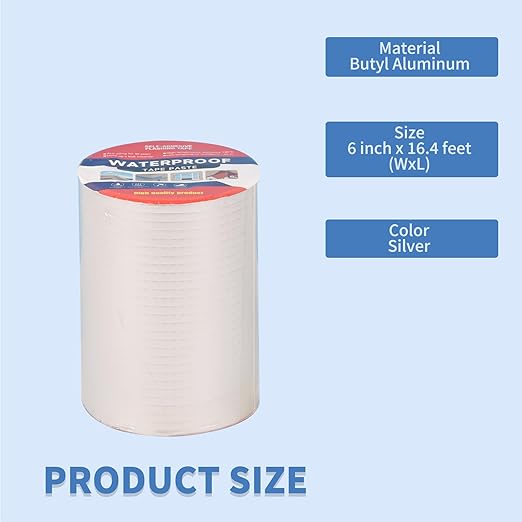 6" W X 16.4'L Waterproof Tape for Leaks Aluminum Butyl Tape with Adhesive for RV Repair, Glass Repairs, Air Mattress Patch, Window Caulking, Boat Sealing, Roof Patching