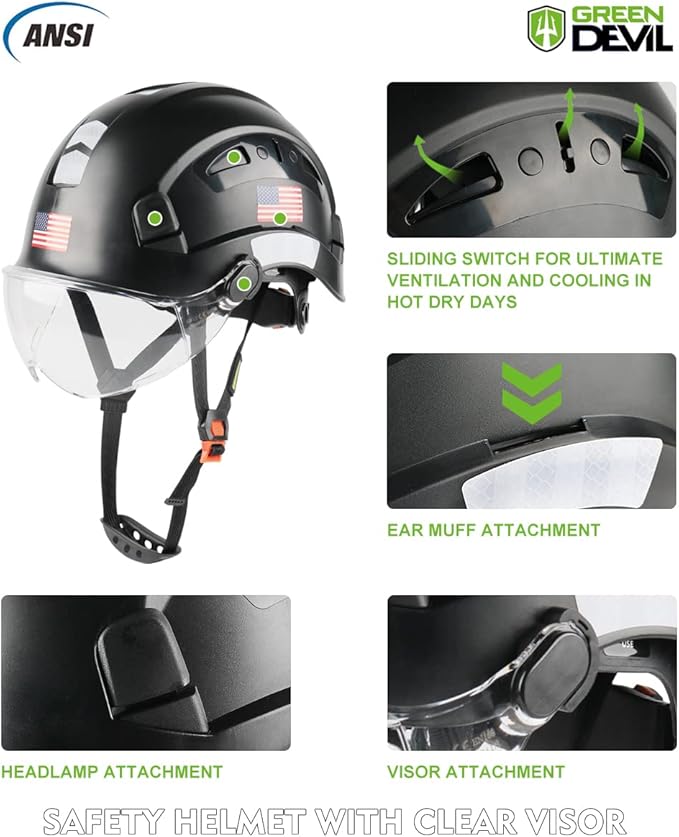 GREEN DEVIL Safety Helmet Hard Hat with Visor Chinstrap Adjustable Lightweight Vented ABS Work Helmet for Men and Women 6-Point Suspension ANSI Z89.1 Approved Ideal for Industrial & Construction