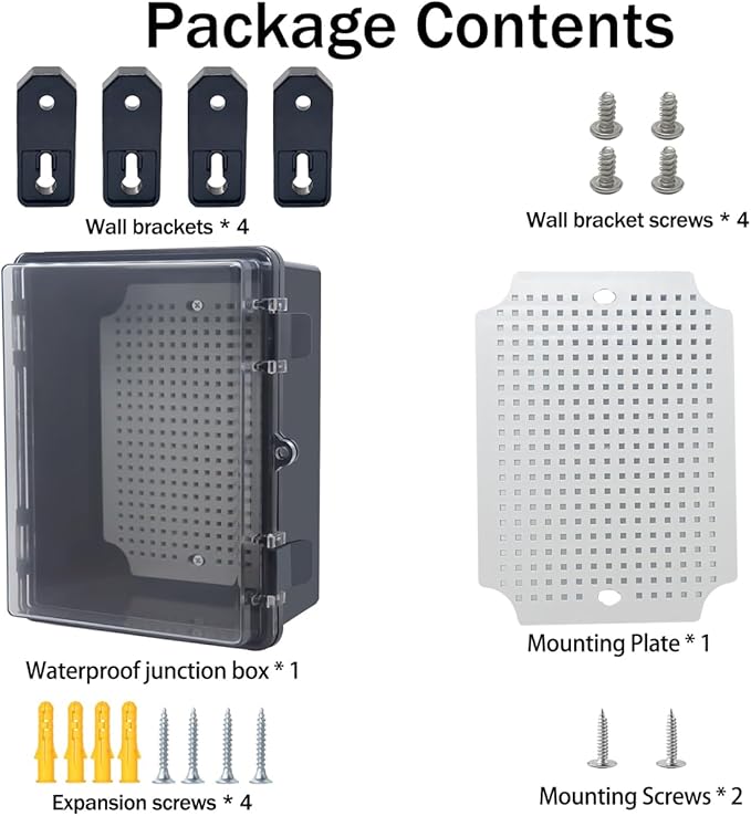 Junction Box, Hinged Black Clear Cover IP67 Waterproof ABS Project Box with Mounting Plate Electrical Box Enclosure with Wall Bracket 8.7 x 6.7 x 4.3inch(220x170x110mm)