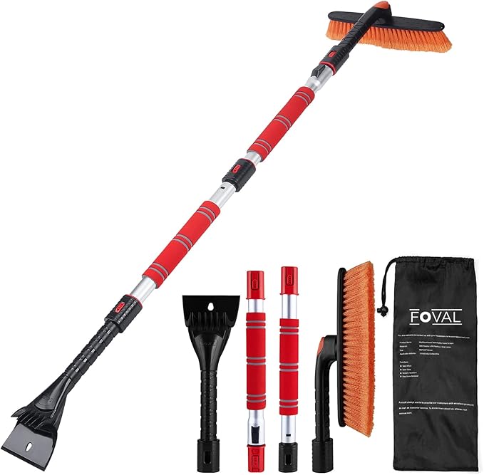 FOVAL 62.4" Snow Brush - Ice Scrapers for Car Windshield, 360°Pivoting Brush Head, Comfortable Foam Grip, Extendable Snow Removal Car Brush for Trucks SUVs, Essential Winter Tool