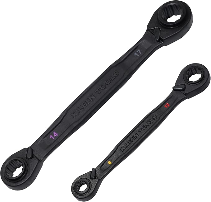 KLEIN TOOLS 68216M 4-in-1 Reversible Ratchet Wrenches Set, 2-Piece, Eight Metric Hex Sizes, 8mm x 10mm, 12mm x 13mm, 14mm x 15mm, and 17mm x 19mm Box Wrench Set, 90-Tooth Ratchet, Pass-Through Design