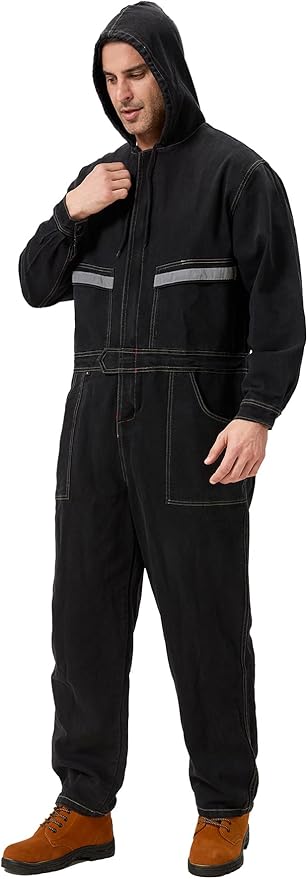 Mens Denim Work Coveralls with Hood Heavy Duty Work Jumpsuit Loose Fit Coverall Hi Viz Mechanic Jeans Overalls