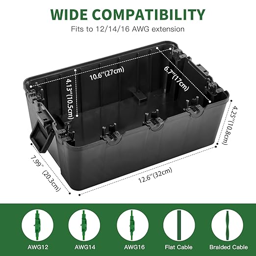 TOTUFY Large Outdoor Electrical Box Waterproof (12.9 x 8.3 x 5.2 inch), IP54 Weatherproof Extension Cord Cover with 7 Cable Seal Entry, Protect Power Strip, Timer Outlet Plug, Holiday Light, Black