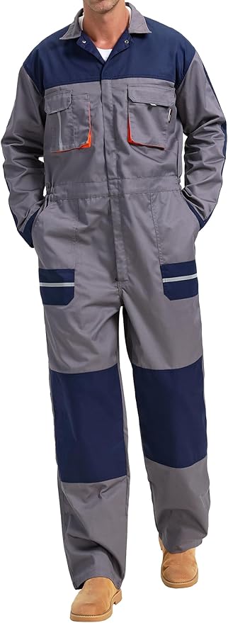 Men's Work Coveralls Multi Pockets Garage Work Jumpsuit Zip Coverall One Piece Workwear Mechanic Overalls