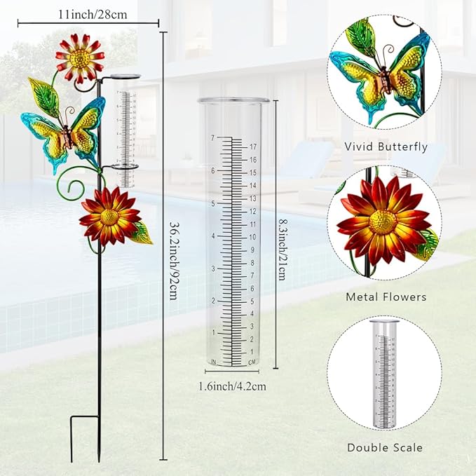 Rain Gauge Outdoor, Butterfly Rain Gauge with 7 Inch Tube, Metal Rain Measure Tool, Decorative Rain Measure Gauge for Outdoor, Garden Decor