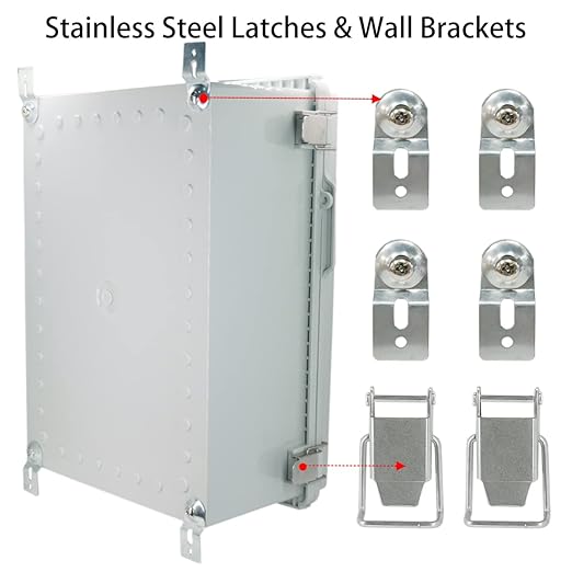 Junction Box, Hinged Cover Stainless Steel Latch IP67 Waterproof ABS Project Box with 2 Cable Glands, Electrical Box Enclosure with Mounting Plate & Wall Bracket 15.7 x 11.8 x 7.1inch