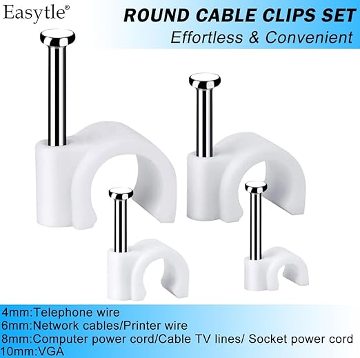 Cable Wire Clips 4mm 6mm 8mm 10mm Cable Management RG6 RG59 CAT5 CAT6 RJ45 Electrical Ethernet Dish TV Speaker Wire Cord Tie Holder Single Coaxial Nail Clamps(Pack of 2000)