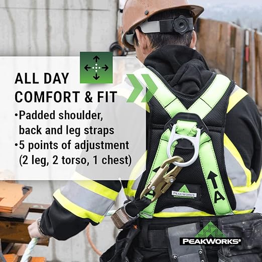 PeakWorks PeakPro Series Safety Harness - Full Body Safety Harness - CSA & ANSI Compliant Fall Protection - 310 lbs Capacity - Universal Size (Multiple Classes & Leg Buckle Types)