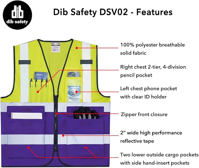 Dib Safety Reflective Vest ANSI Class 2, High Visibility Vest with Pockets and Zipper, Construction Work, Hi Vis