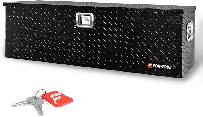 FORWODE 48 Inch Aluminum Truck Tool Box Lockable Truck Bed Tool Box Waterproof Truck Bed Storage Box with Gas Struts & Side Handle Truck Tool Chest for Pickup, Truck Bed, RV, Trailer & Garage (Black)