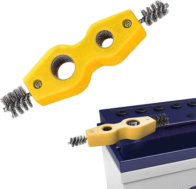 4 in 1 Car Battery Cleaning Brush, Battery Terminal Cleaner, Anti-Rust Auto Battery Cleaner with Steel Wire, Car Accessories Vehicle Machine Parts Clean Tools for Most Vehicles (Yellow)
