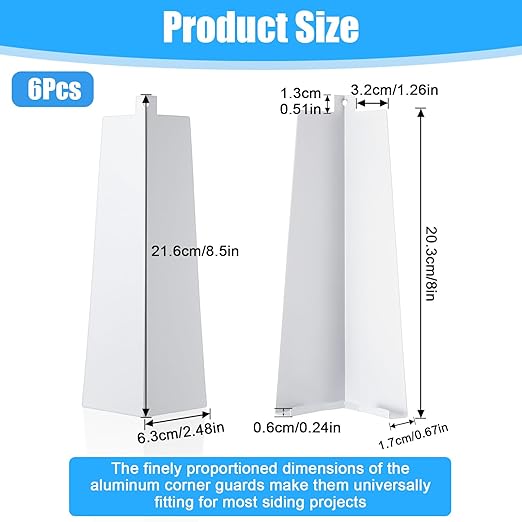6 Pcs Aluminum Siding Corners 8.5 Inch Outside White Corner Caps, Smooth Siding Trim with Nails for Mobile Home and Wooden House Exterior