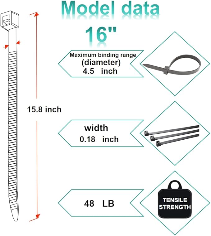 Zip Ties, Cable Ties, 500Pcs 16Inch 48Lb Tensile Strength Black Premium Self-Locking Nylon Zip Ties For Home Office, Garden, Workshop Fences