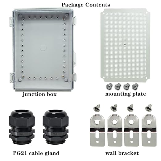 Zulkit Junction Box IP67 Waterproof Electrical Box Hinged Clear Cover Stainless Steel Latch Plastic Enclosure for Project w Mounting Plate Wall Bracket and 2 Cable Gland 13.8"x9.8"x5.9"/350x250x150mm