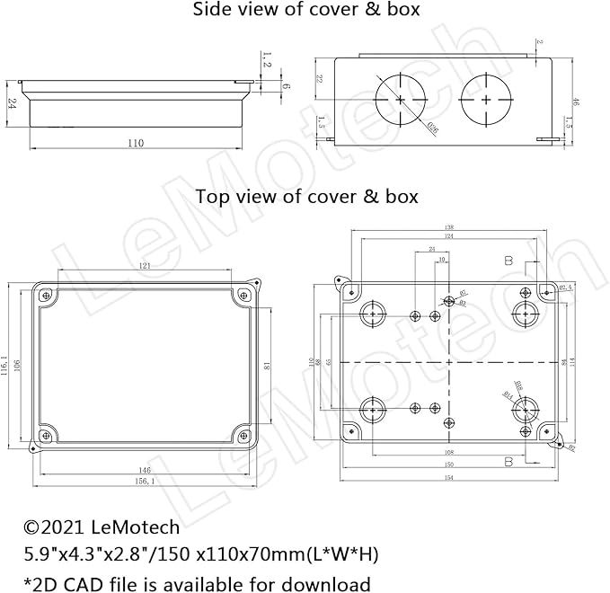 LeMotech ABS Plastic Dustproof Waterproof IP65 Junction Box Universal Electrical Project Enclosure White 5.9 x 4.3 x 2.8 inch (150 x 110 x 70 mm)