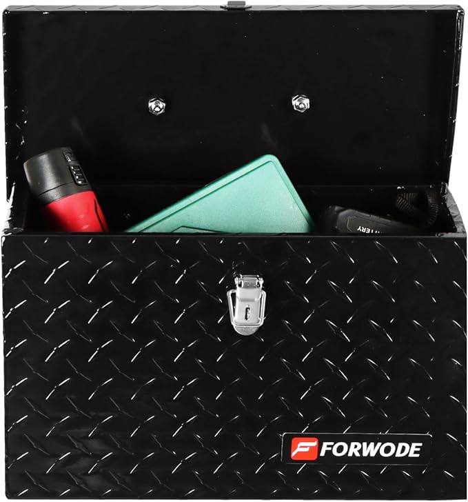 FORWODE 16 Inch Aluminum Truck Tool Box Lockable Truck Bed Tool Box Waterproof Truck Bed Storage Box with Top Foldable Handle Small Truck Tool Chest for Pickup, Truck Bed, RV, Trailer & Garage (Black)