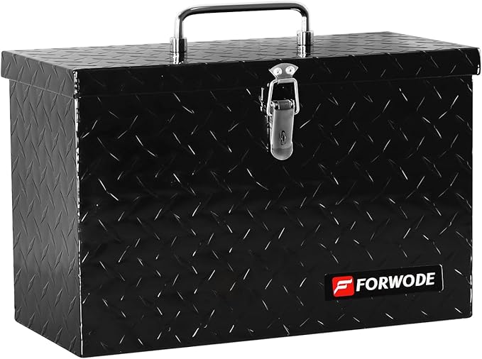 FORWODE 16 Inch Aluminum Truck Tool Box Lockable Truck Bed Tool Box Waterproof Truck Bed Storage Box with Top Foldable Handle Small Truck Tool Chest for Pickup, Truck Bed, RV, Trailer & Garage (Black)