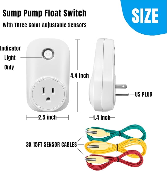 Sump Pump Float Switch: Hi-Lo Sensors, Controller with Dual Float Switch and Overload Protection, Prevents Flooding in Basements, Pools, and Other Areas (Drain Mode)