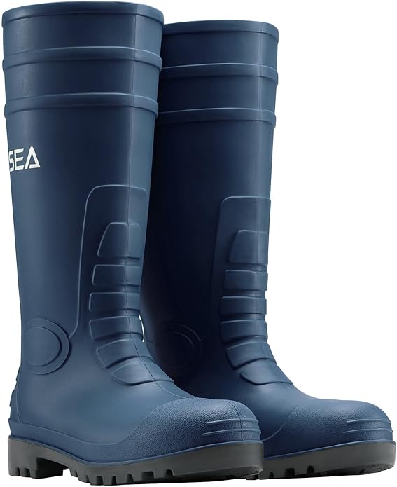 HISEA Men's Steel Toe Rain Boots PVC Rubber Boots, Waterproof Garden Fishing Outdoor Work Boots, Durable Slip Resistant Knee Boots for Agriculture and Industrial Working