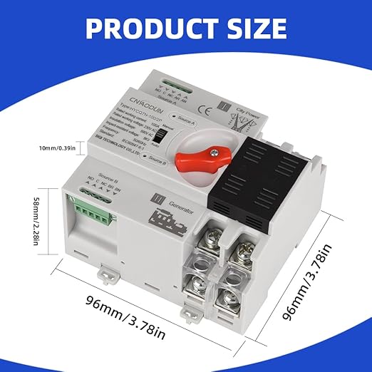 Automatic Transfer Switch ATS 2P 100A 230V Dual Power Electrical Selector Switch Din Rail Type Millisecond Switching