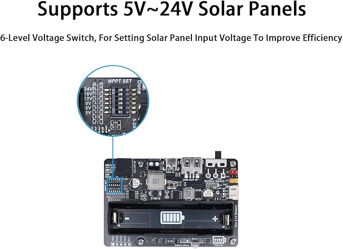 Solar Energy/Power Manager Module, Solar Power for 5V-24V Solar Panel, Supports Solar Panel or USB Port Ba-ttery Charging