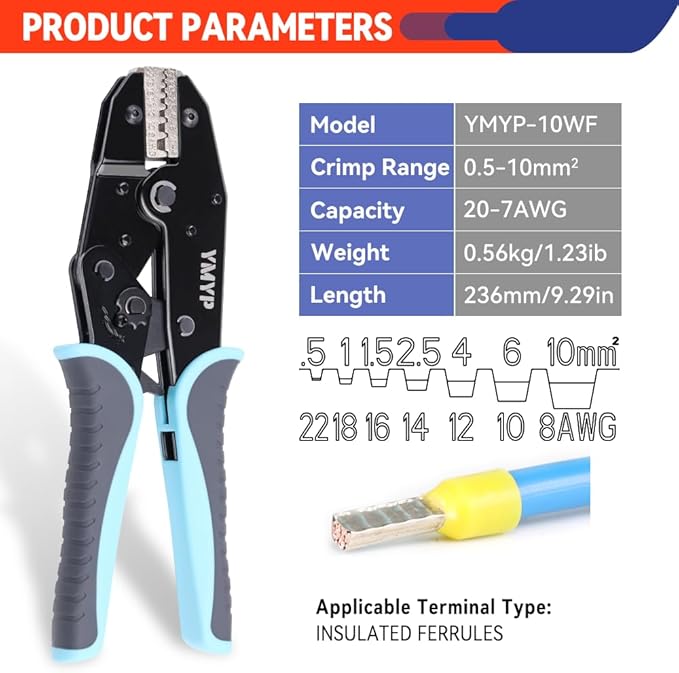 Crimping Tool for Sleeves Ferrule Terminals & Pin Cord Ends - Ratcheting Wire Crimper - AWG 22-8 (0.5-10mm²) - Electrical Crimping Tool