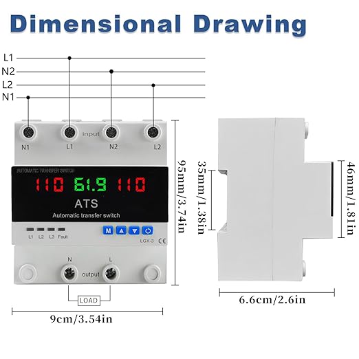 2P Automatic Transfer Switch with LCD Display, 63A 110V Double Power ATS with 3 Digital Displays for Input Real-Time Volrage/Current Monitoring, Automatic Changeover for Utility/Generator/Solar