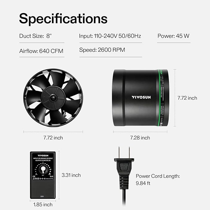 VIVOSUN 8” Inline Booster Duct Fan with Speed Regulator, 640 CFM Quiet Exhaust Fan for HVAC Ventilation in Grow Tents, Basements, Bathrooms, Kitchens, and Attics