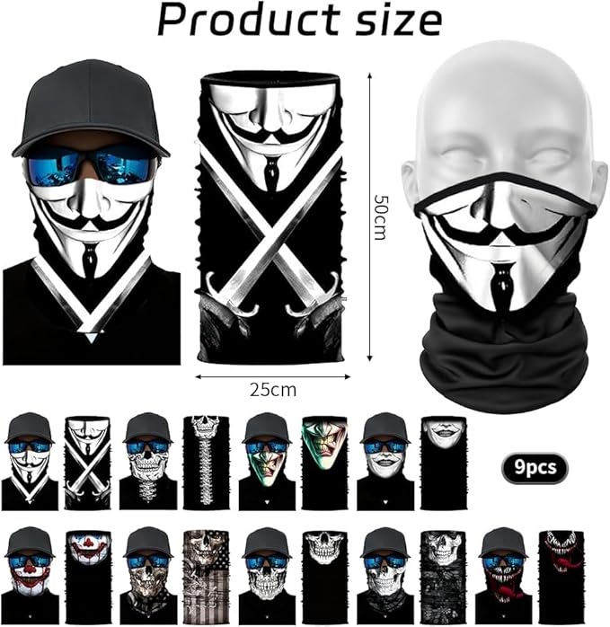 9 Pcs Neck Gaiter Face Mask Men Women Sun UV Protection Seamless Skull Bandanas Seamless Bandana Rave Face Cover Scarf Mask