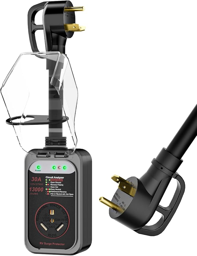 RV Surge Protector 30 Amp, 13000 Joules RV Circuit Analyzer with Waterproof Cover,RV Adapter Plug for Camper Travel Trailers (30AMP-Black)