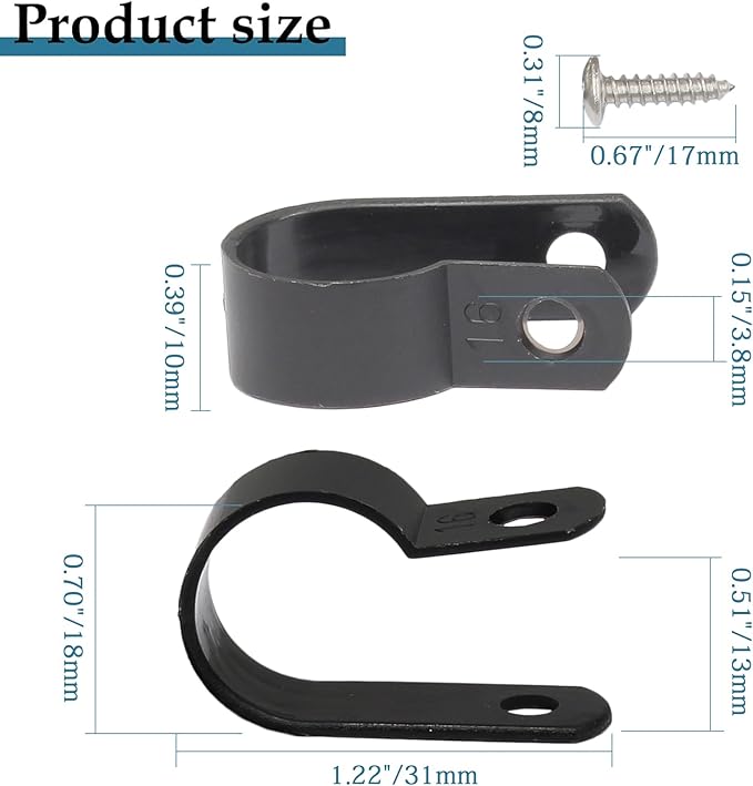 50 Pcs 5/8 Inch Black Nylon Screw Mounting R-type Cable Clip Wire Clamp, 16mm Cable Clip Wire Clamp for Wire Management, Stainless Steel Screws Included