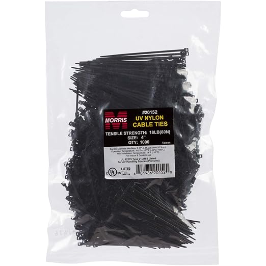 Morris Products Ultraviolet Black Nylon Cable Ties – 4 Inch Length –Heavy Duty, 18-Pound Tensile Strength – Cable Organization Applications – UV Safe, UL Approved – Pack of 1000