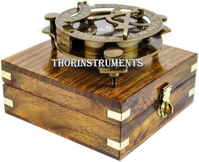 THOR INSTRUMENTS 5" Triangular Nautical Sundial Compass with Level Meter, Encased in Genuine Rosewood Anchor Inlaid Case, Maritime Decor Gift