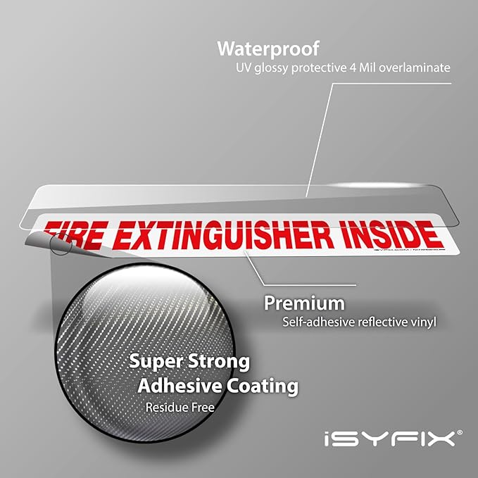 iSYFIX Fire Extinguisher Inside Sticker Sign – 5 Pack 12x2.5 Inch – Self-Adhesive Reflective Vinyl Decals, Laminated UV, Weather, Scratch, Fade Resistance, for Cars, Trucks, Trailers & Vehicles