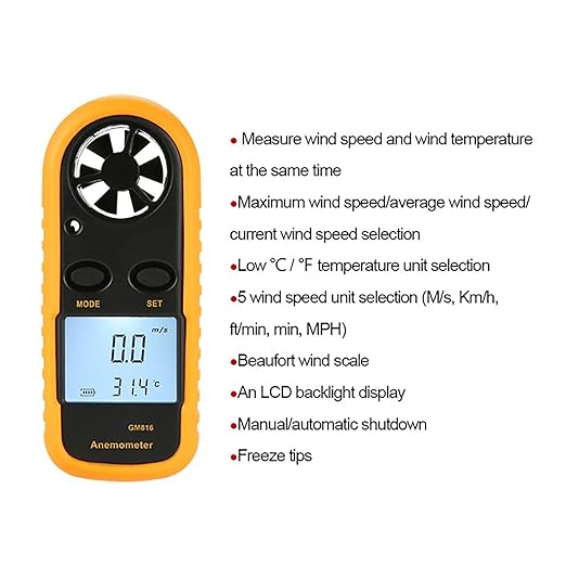 Buachois Anemometer Handheld,Digital Wind Speed Meter,Wind Speed Temperature Gauge with Digital LCD Display,for Measuring Wind Speed, Temperature and Wind Chill