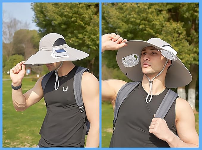 Mens Sun Hat with 2 Fan, Summer Cooling Wide Brim Bucket Hat, Beach Hat Garden Hat, Solar + USB Dual Power Supply