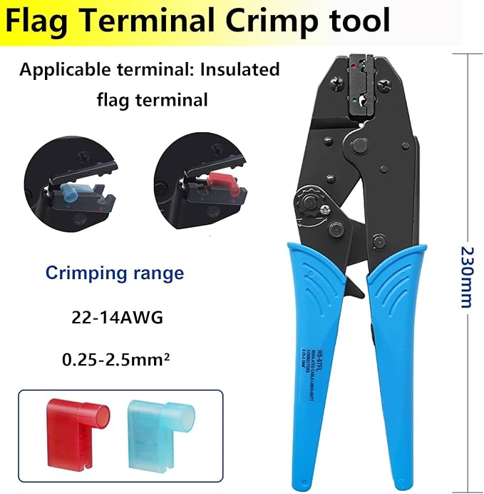smseace Flag Terminal Crimper AWG 22-14 (0.5-2.5mm²) Electrical Crimping Tool for right angle spade connector Ratchet Terminal Crimper