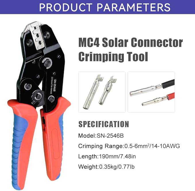 Solar PV Cable Crimping Tool for Solar Wire Connectors, AWG14-10 (2.5/4/6mm²) - 7 In Mini Piler