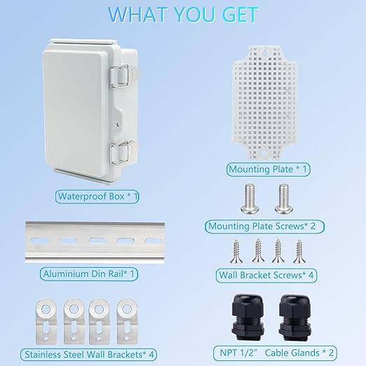 Waterproof Junction Box, ABS Plastic Electrical Box with Stainless Steel Latch, Hinged Cover Electric Project Enclosure Box with Mounting Plate, Wall Brackets & Cable Gland 5.9"x3.9"x2.8"