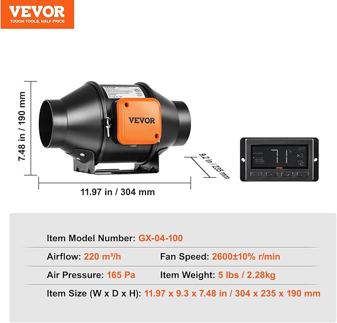 VEVOR Inline Duct Fan, 4-Inch 205 CFM with Temperature Humidity Controller, Quiet EC-Motor Ventilation Exhaust Fan for Cooling Booster, Grow Tents, Hydroponics